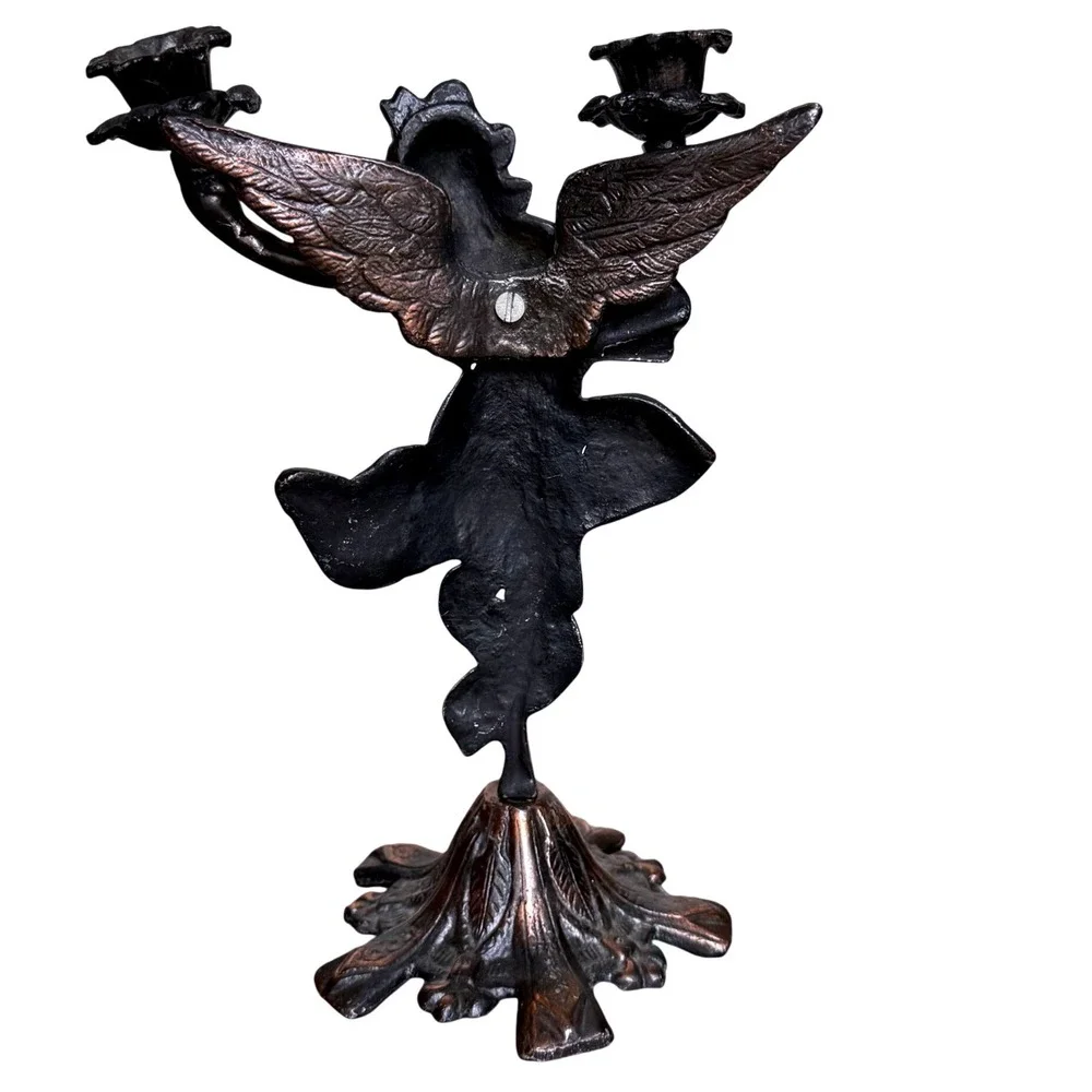 Vtg Winged Fairy Angel Candelabra Cast‎ Metal Double Taper Art Nouveau  Bronze
